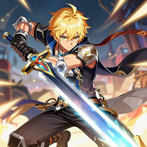 Dynamic anime-style drawing of a blonde, determined young warrior with glowing sword, black outfit, and red scarf, fighting amidst fiery explosions.