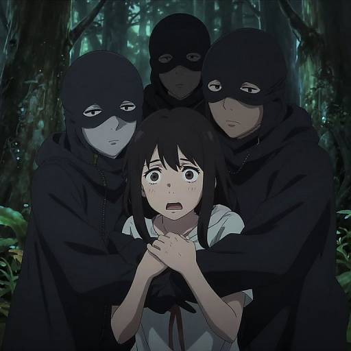 Anime-style drawing: Three masked men in black hoodies restrain a frightened young woman with black hair in a forest at night.