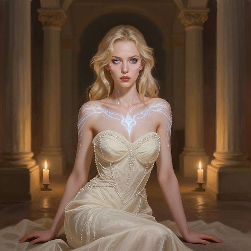 Digital art of a blonde woman with glowing white patterns on her chest, wearing a strapless, beaded white gown, seated in a dimly lit