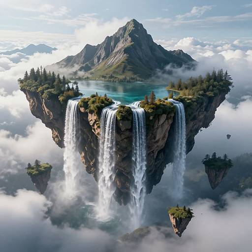 Fantastical CGI image: Floating mountain with turquoise lake, surrounded by waterfalls, lush greenery, and mist, set above clouds. Ethereal