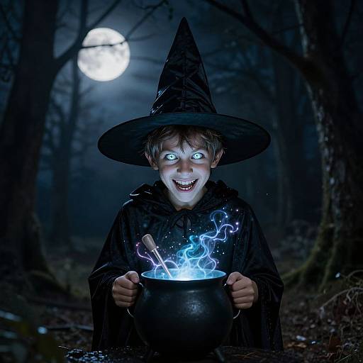 Photograph of a young boy with glowing eyes, wearing a black witch hat and cloak, conjuring blue magic from a cauldron under a full