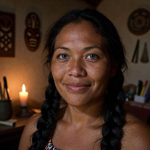 Photograph of a middle-aged woman with dark hair in braids, smiling softly, wearing a colorful top, in a warmly lit room with candles and