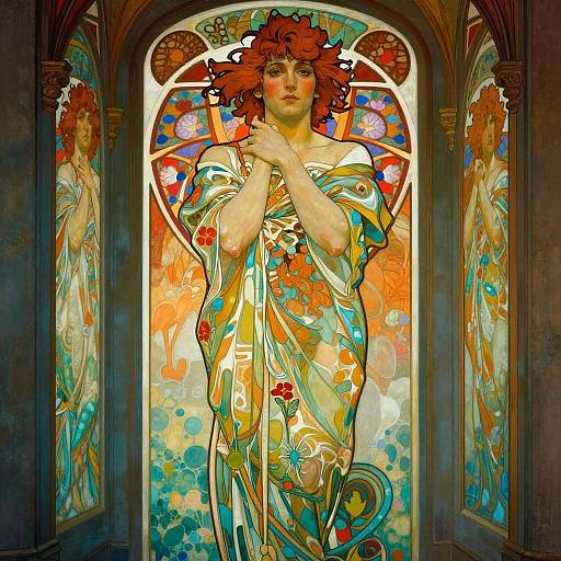 Vibrant stained glass artwork of a red-haired woman with floral-patterned dress, hands clasped, surrounded by colorful floral motifs and arches.