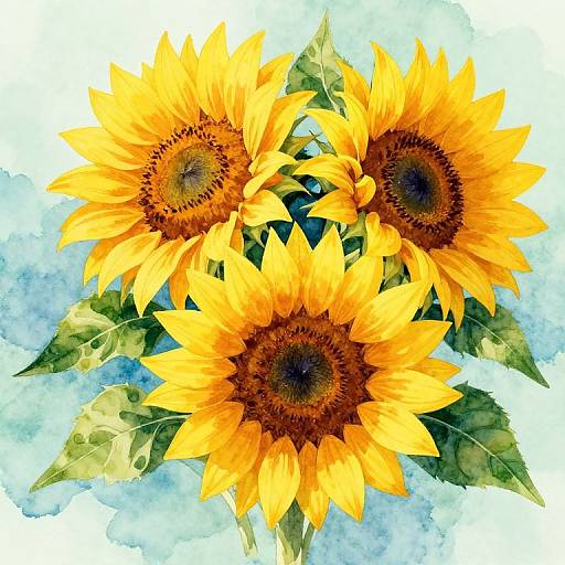 Watercolor painting of three vibrant sunflowers with bright yellow petals and dark brown centers, surrounded by green leaves, against a blue watercolor background.