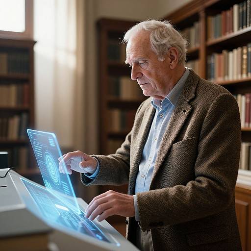 Elderly Man at Futuristic AI Console