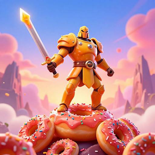 Digital art: Golden knight with sword, standing on giant donuts with sprinkles, against a pink, cloudy, mountainous sky. Epic, whims