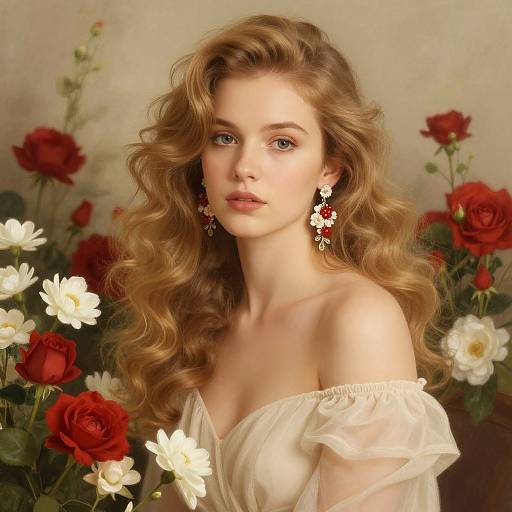 Photograph of a beautiful young woman with wavy blonde hair, wearing off-shoulder white dress, red earrings, surrounded by red and white roses