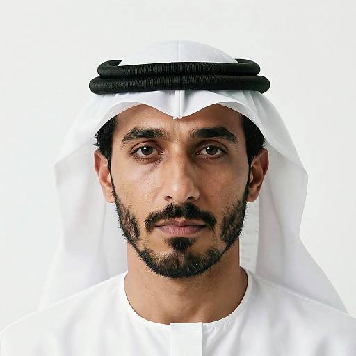Photograph of a Middle Eastern man with dark brown eyes, black beard, and mustache, wearing a white thobe and black and white ghutra