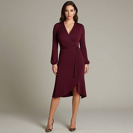 Photograph of a brunette woman in a deep purple, long-sleeve, V-neck, wrap-knit dress with a tied waist, and leopard
