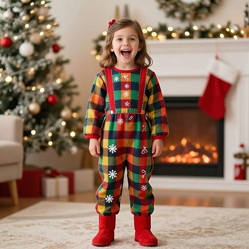 Photograph of a young girl with medium brown hair, wearing a colorful plaid onesie with red suspenders, red boots, and a red bow