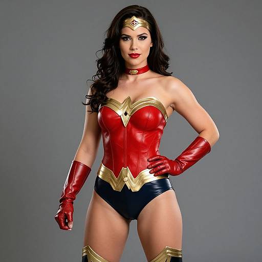 Photograph of a muscular woman with long black hair, dressed as Wonder Woman in a red corset, gold tiara, red gloves, black shorts