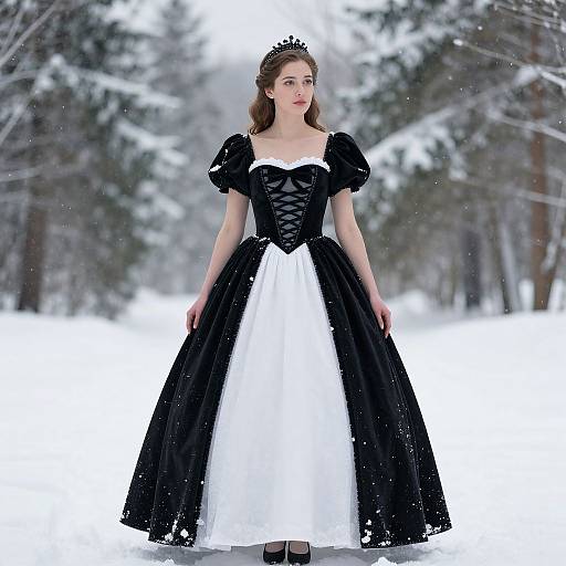 Woman in Black and White Dress in Snow