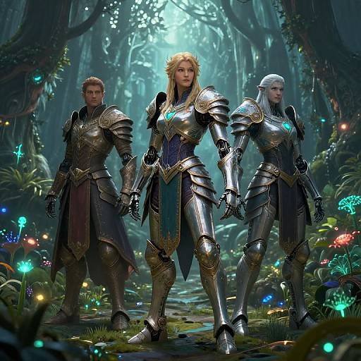 Digital artwork of three armored warriors standing in a mystical forest, illuminated by glowing mushrooms. Blonde woman center, bearded man left, white-haired man right