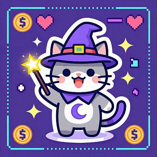 Cute digital illustration of a chibi cat in a purple wizard hat, holding a glowing wand, with dollar coins and hearts on a blue pixelated
