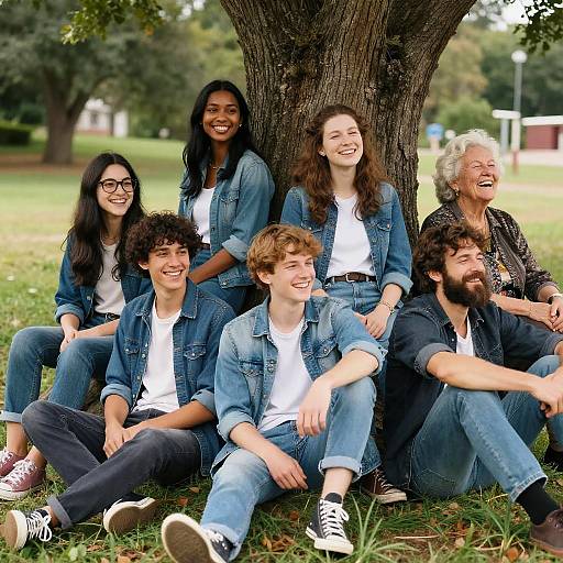 Large Group Laughing Outdoors in Denim