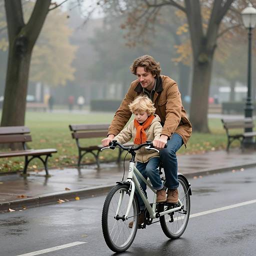 Adult and Child Riding Bicycle in Park