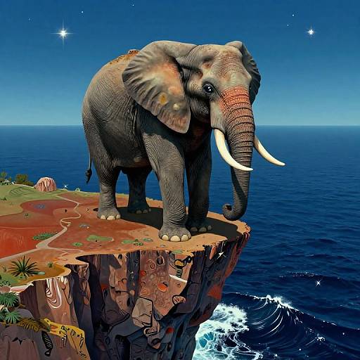 Digital illustration of a large, gray elephant with white tusks standing on a rocky cliff overlooking a deep blue ocean under a starry night sky.