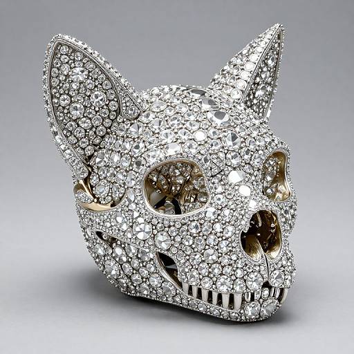 Diamond-Encrusted Cat Skull Art