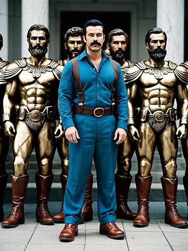 Man in Blue Outfit with Bronze Warrior Statues