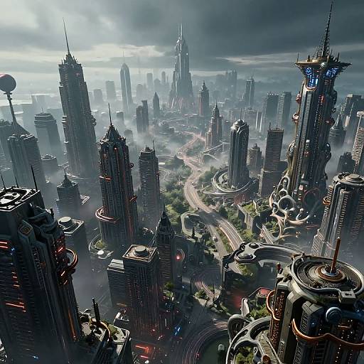 Digital artwork of a futuristic, towering cityscape with towering skyscrapers, neon lights, and a winding highway beneath a cloudy sky.