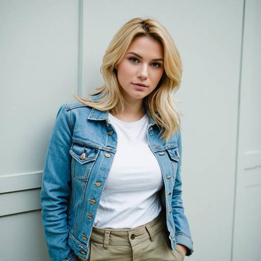 Blonde Woman in Denim Jacket and Khaki Pants