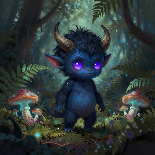 Digital fantasy art of a cute, blue, horned, glowing-eyed creature with fluffy fur standing among glowing mushrooms in a dark, enchanted forest.