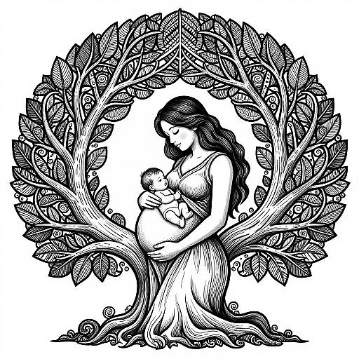 Black-and-white illustration of a mother with long hair, wearing a flowing dress, cradling a baby, framed by a detailed leafy wreath