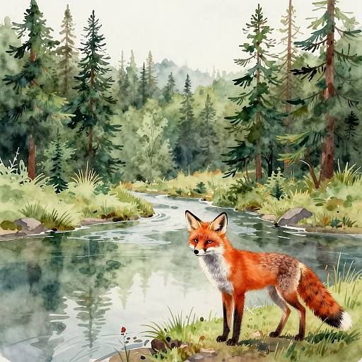 Watercolor painting of a vibrant red fox standing by a reflective stream in a lush, green forest with tall pine trees.