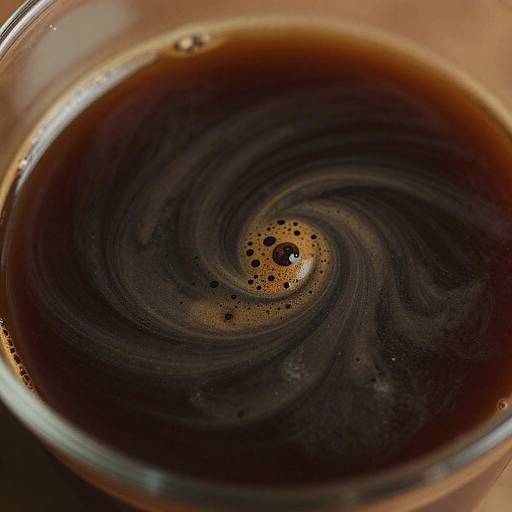 Close-up photograph of a swirled glass of rich, dark brown coffee with a small central bubble and subtle foam.