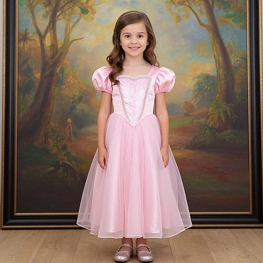 Photograph of a young girl with long brown hair, wearing a pink, puffed-sleeve, lace-trimmed dress, standing in front