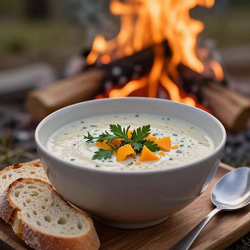 Photograph of creamy white soup with orange cubes and parsley, served in a white bowl, beside a wooden plank, sliced bread, and a spoon,