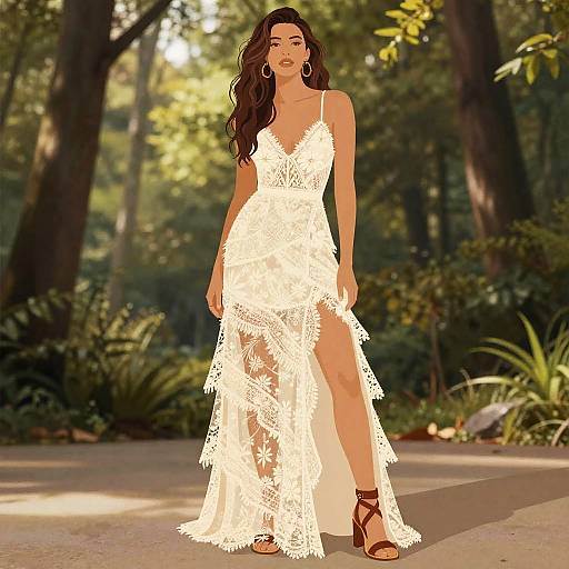 Photograph of a woman with long brown hair in a white lace, deep V-neck, thigh-high slit dress and brown strappy heels, standing in