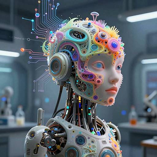Digital CGI artwork of a futuristic, robotic humanoid with a colorful, intricate headpiece of gears and neon lights, set in a high-tech lab.