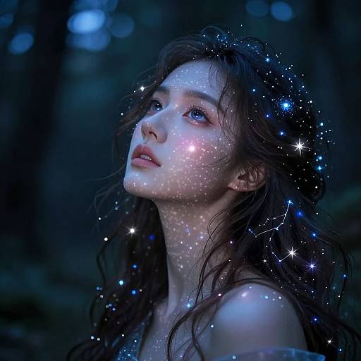 Photograph of a young woman with fair skin, long dark hair, and ethereal blue glow, surrounded by sparkling stars in a dark, forested