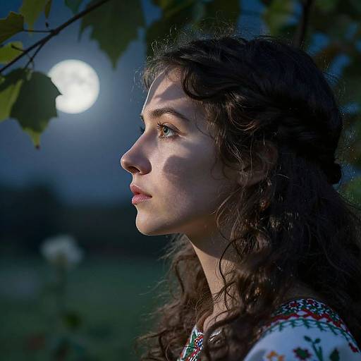Photograph of a young woman with curly brown hair, fair skin, and green eyes, gazing at a full moon under leafy branches. She