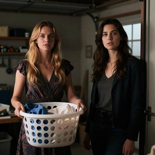 Women in a Dimly Lit Garage Scene