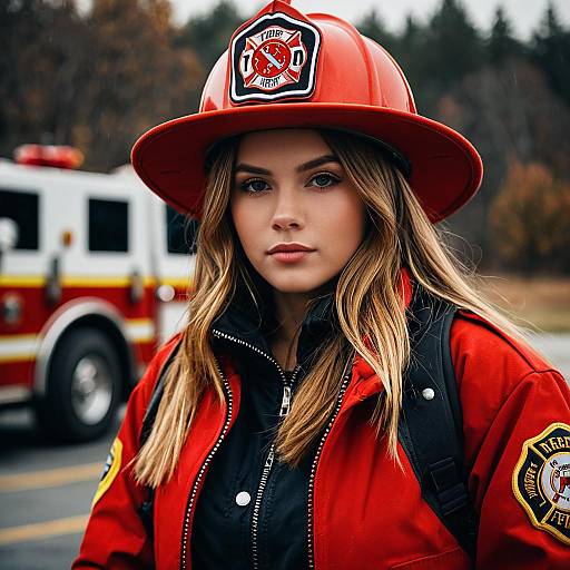 Young Female Firefighter in Red Gear