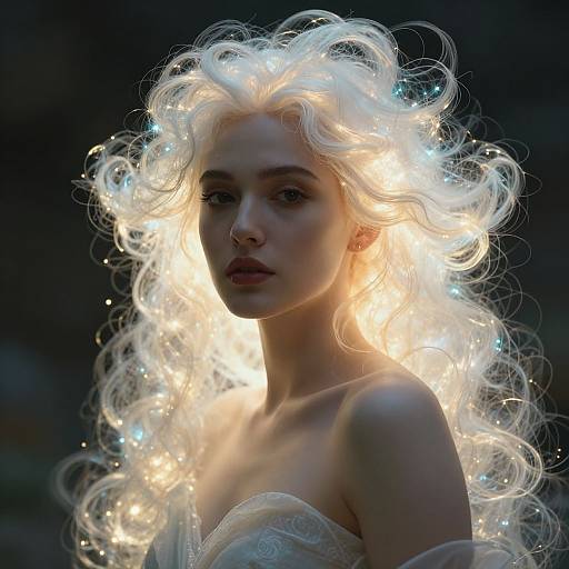 Photograph of a pale-skinned woman with glowing, curly white hair illuminated by fairy lights, wearing an off-shoulder white dress, against a