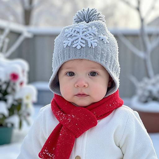 Photograph of a fair-skinned baby with blue eyes, wearing a gray knit hat with snow, red scarf, and white coat, standing in a