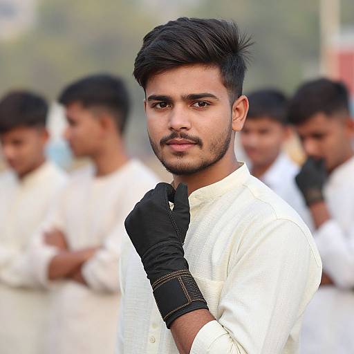 Photograph of a young South Asian man with black hair, trimmed beard, white shalwar kameez, black glove, serious expression, standing