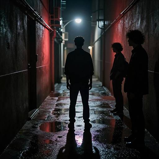 Silhouetted Men in Dimly Lit Wet Alley