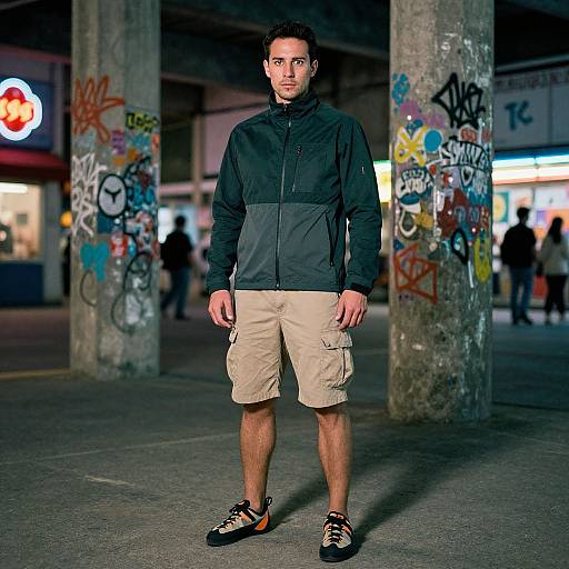 Photograph of a young man with short dark hair, wearing a black jacket, beige cargo shorts, and black sneakers, standing in a graffiti-covered urban
