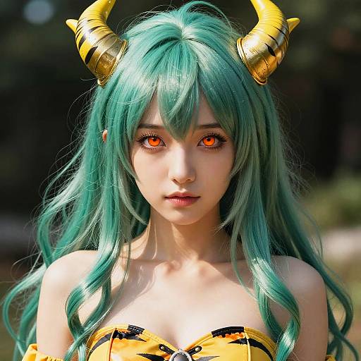 Digital art of a young woman with long teal hair, glowing orange eyes, golden horns, and a yellow strapless top, with a blurred outdoor background