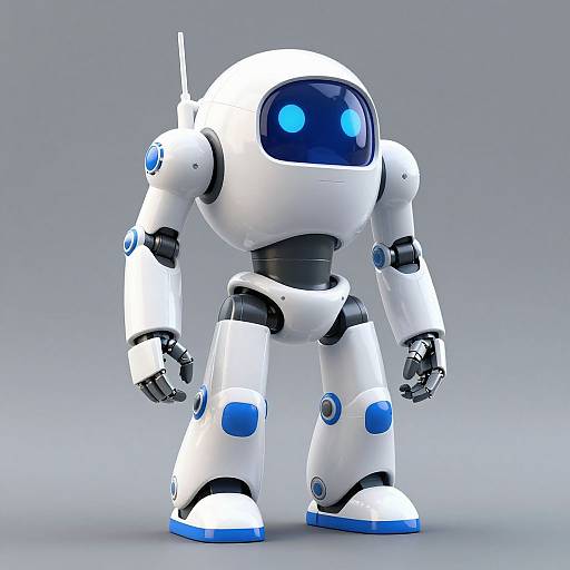 CGI image of a cute, white, robotic humanoid with blue glowing eyes, blue accents, and a sleek, futuristic design against a gray gradient background