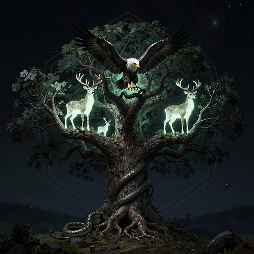 Digital fantasy artwork of a dark, gnarled tree with glowing white deer, a fierce owl with wings spread, and a snake coiled around its