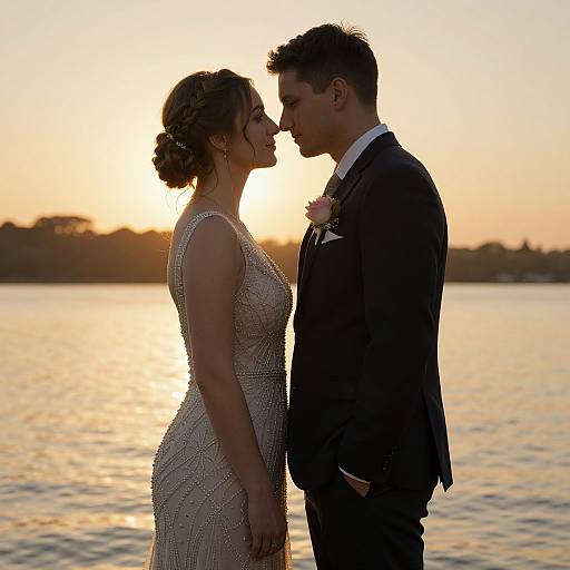 Photograph of a couple in silhouette, facing each other, wearing formal attire, against a sunset over a calm lake. She wears a beaded dress