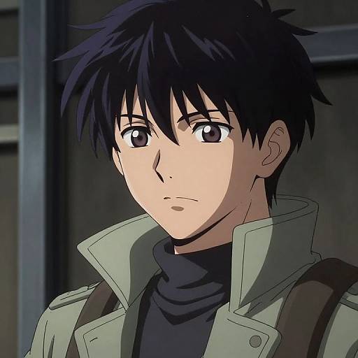 Anime-style digital drawing of a serious young man with black hair, gray eyes, wearing a green jacket over a black turtleneck.