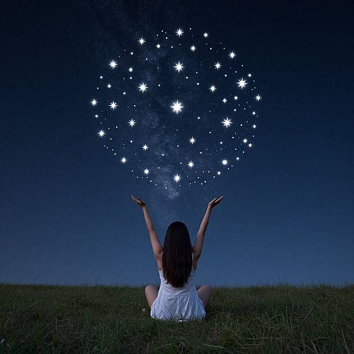 Photograph of a woman with long brown hair, sitting on grass at night, arms raised, creating a constellation of glowing stars in a dark blue sky