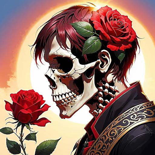 Skull with Red Rose Profile Portrait