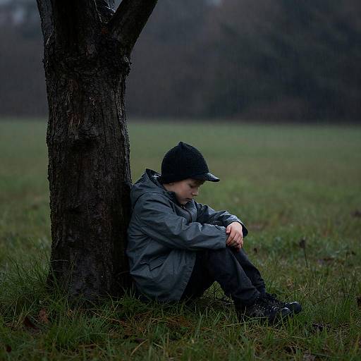 Melancholic Boy Under Rainy Tree